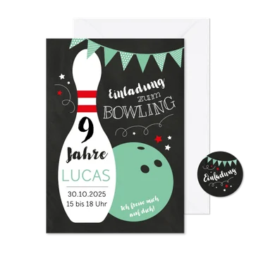 Kindergeburtstagseinladung Bowling grün 9 Jahre